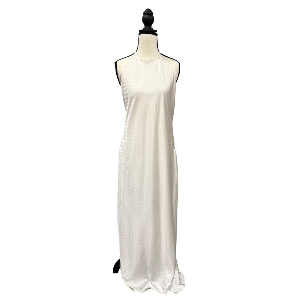 House of Harlow 1960 Ivory Satin Jacquard Halter Backless Maxi Gown Tassels Sz M